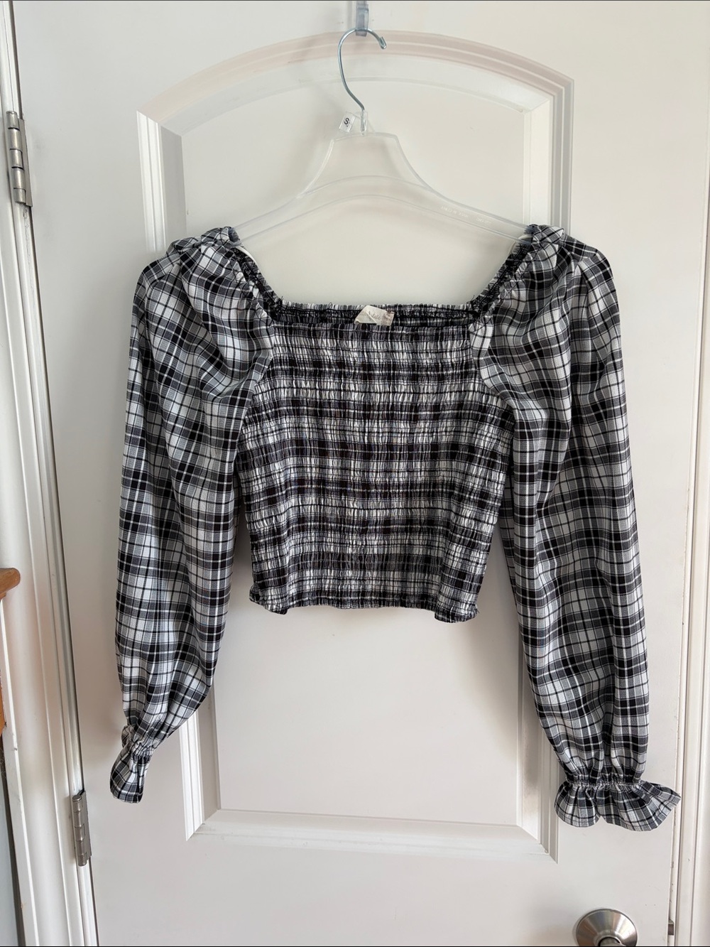 Altar'd State Black & White Plaid Smocked Puff Sleeve Crop Top